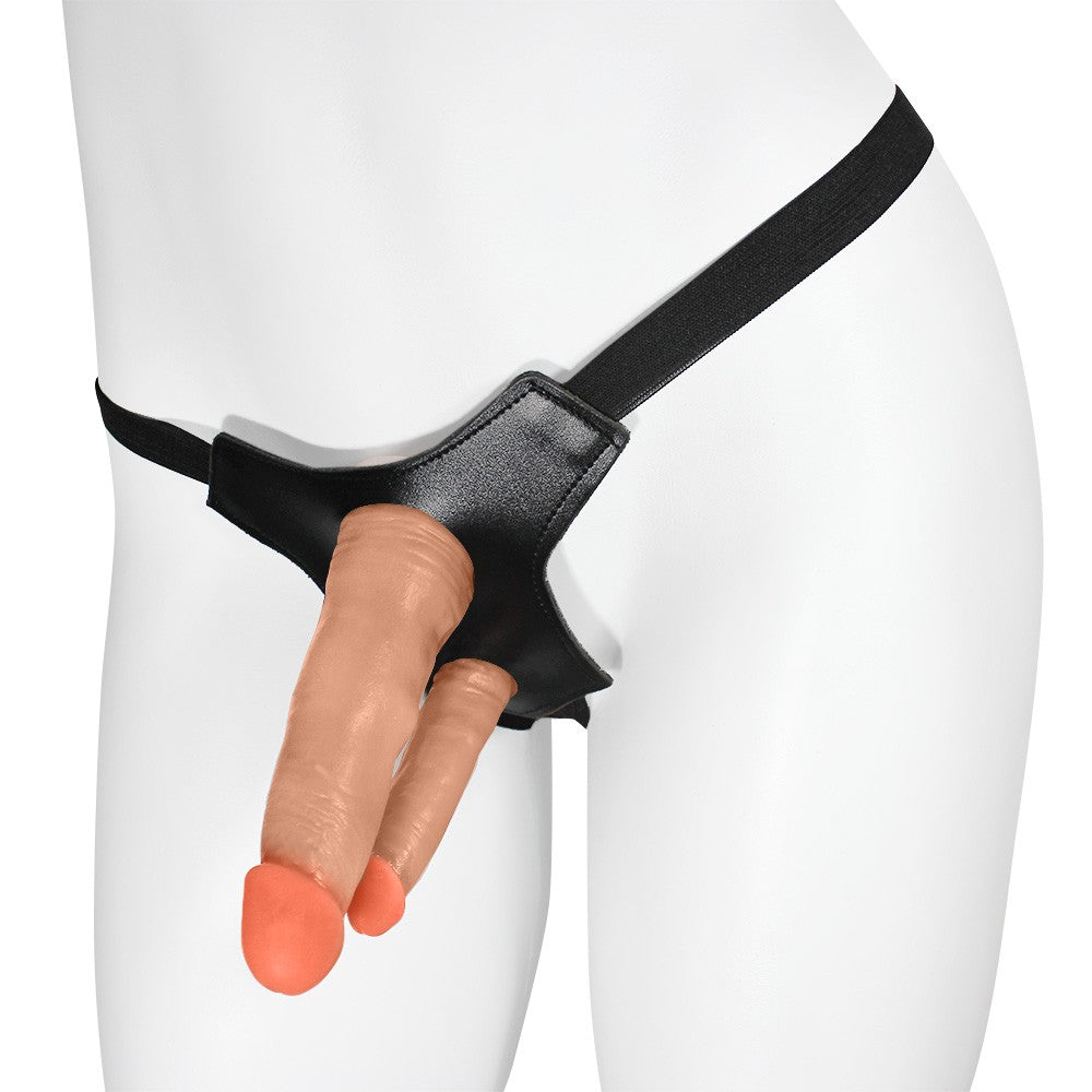 DUPLO COM VEIAS - ADJUSTABLE STRAP-ON WITH FLEXIBLE DOUBLE REALISTIC PENIS - BEIGE - 15 X 3.5 CM AND 10 X 2.5 CM