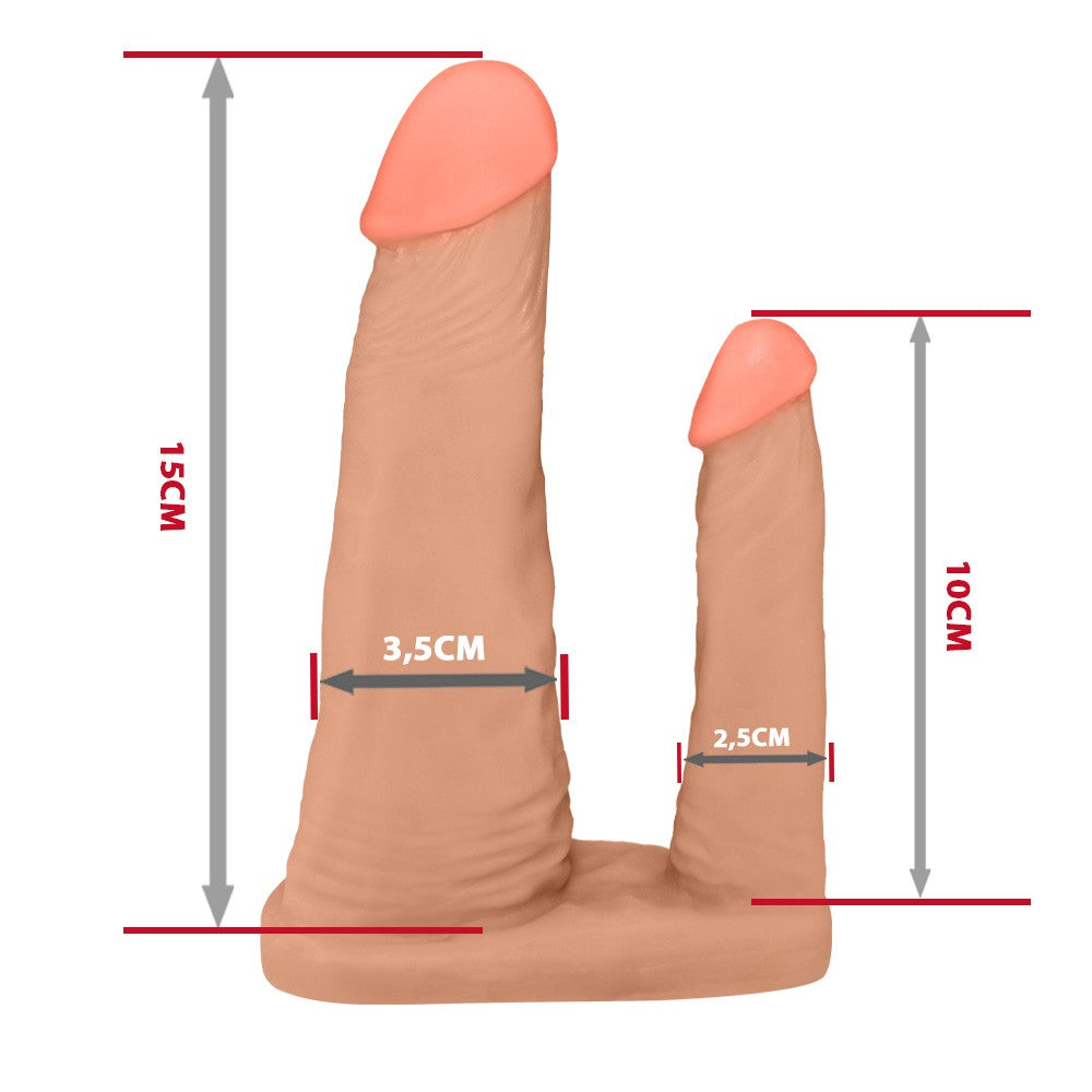 DUPLO COM VEIAS - ADJUSTABLE STRAP-ON WITH FLEXIBLE DOUBLE REALISTIC PENIS - BEIGE - 15 X 3.5 CM AND 10 X 2.5 CM