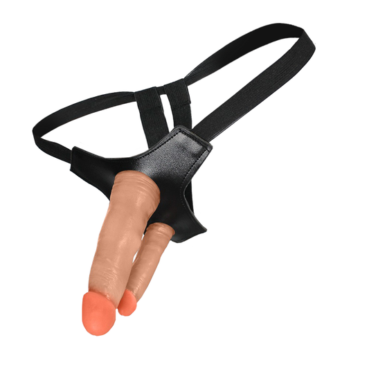 DUPLO COM VEIAS - ADJUSTABLE STRAP-ON WITH FLEXIBLE DOUBLE REALISTIC PENIS - BEIGE - 15 X 3.5 CM AND 10 X 2.5 CM