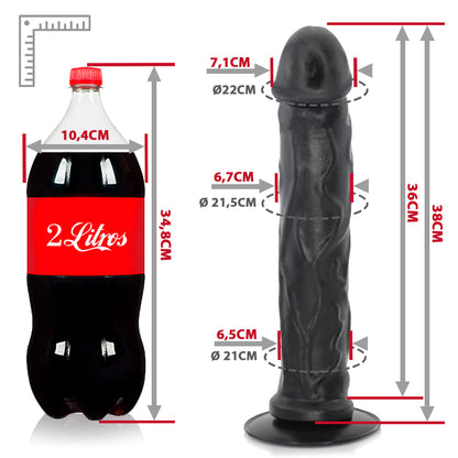 CARALHO - GIANT THICK FLEXIBLE REALISTIC PENIS WITH SUCTION CUP - BLACK - 38 X 6.7 CM