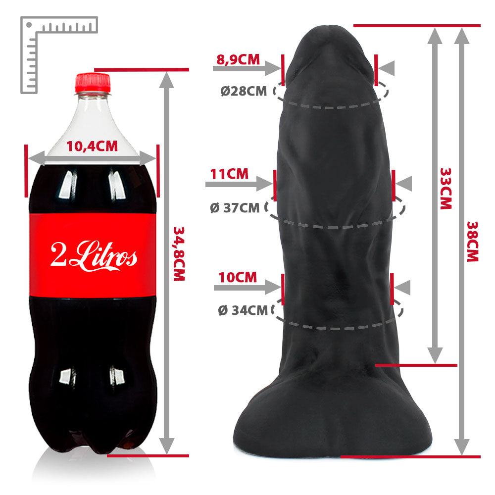 CORAJOSO - GIANT THICK FLEXIBLE REALISTIC PENIS WITH SCROTUM AND SUCTION CUP - BLACK - 38 X 11.5 CM